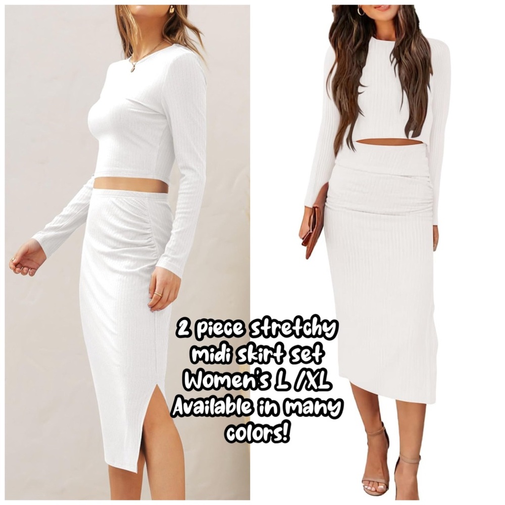 White Ribbed Midi Skirt Set